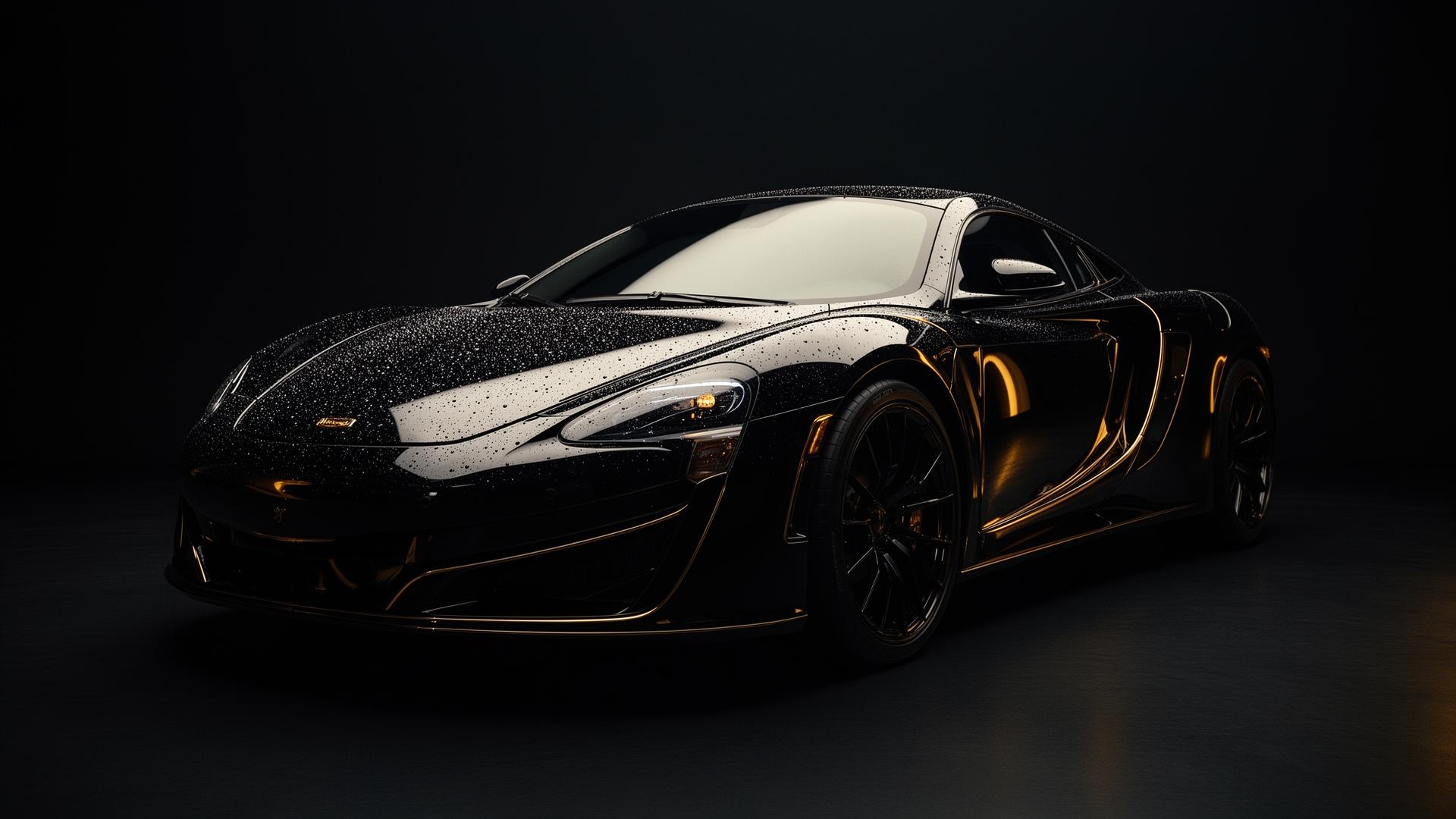 Detailed luxury black sports car under studio lights